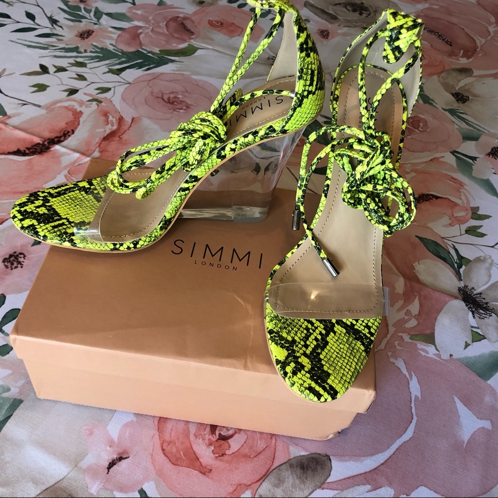 Simmi Shoes Neon Yellow Snake Wedge Heels